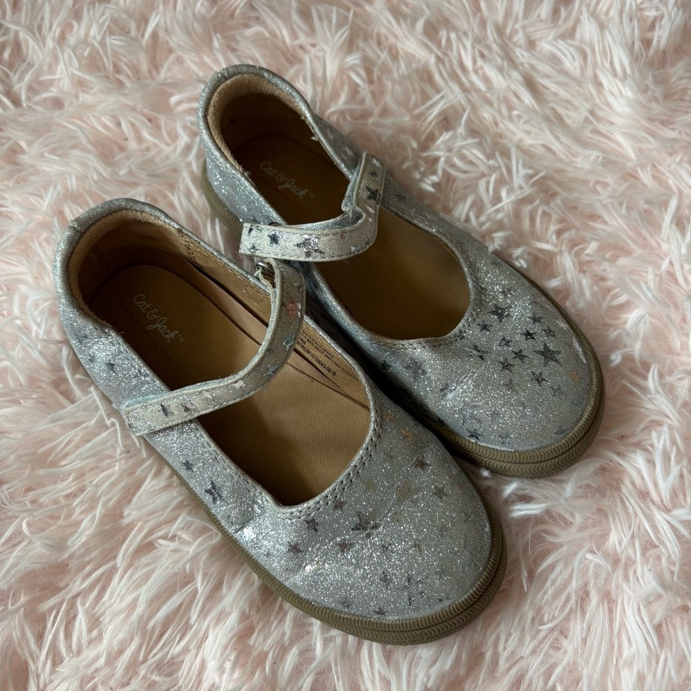Cat & Jack Silver Glitter Kids Shoes Sz 12 Stars Mary Jane